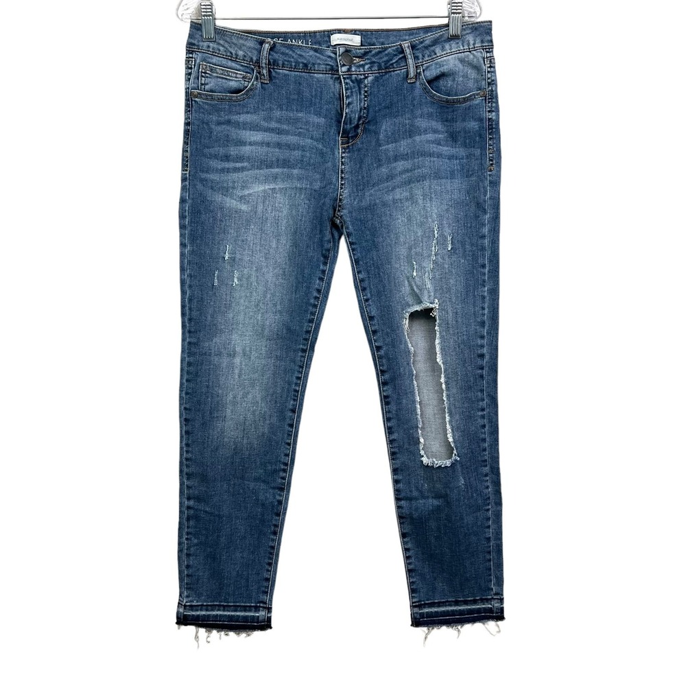 Blue Asphalt Womens Jeans Stretch Slim Leg Raw Hem Destroyed Knee Blue Sz 13/31*